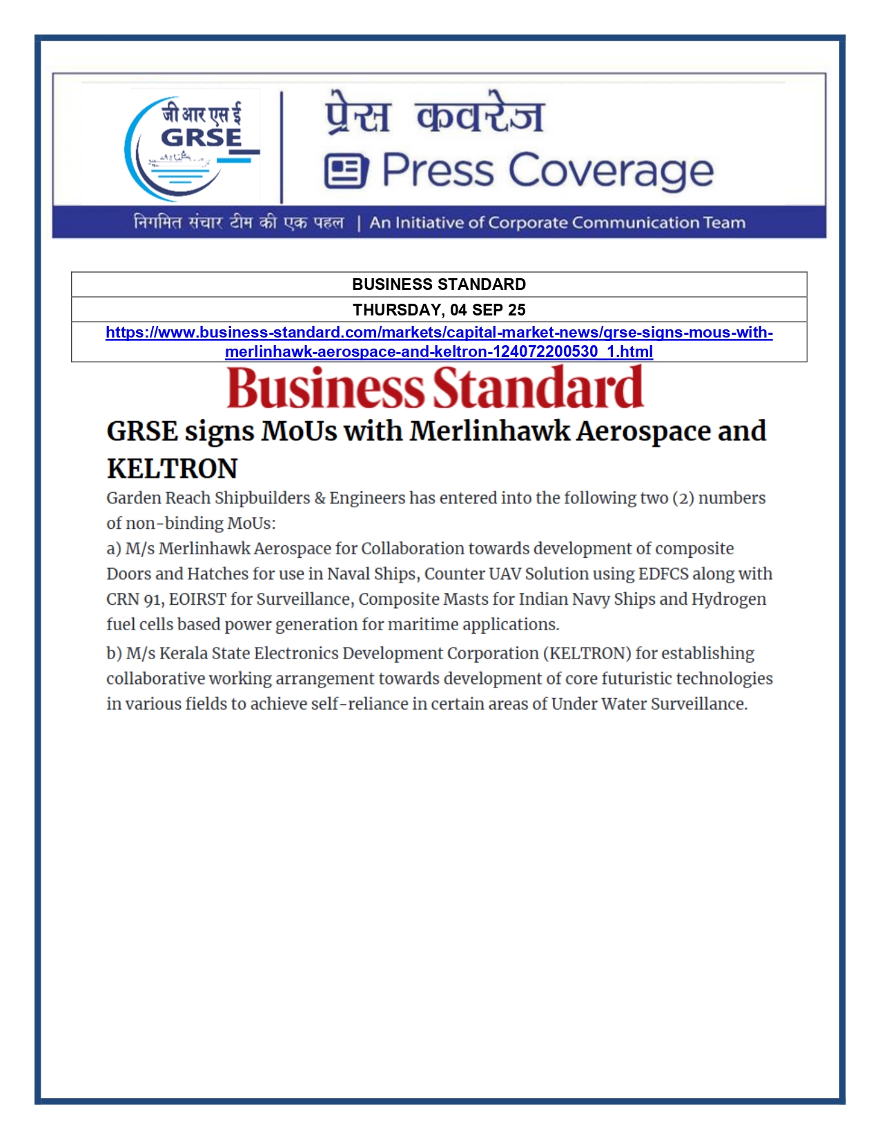 Press Coverage : 04 Sept 25:GRSE inks pact with Merlinhawk Aerospace for naval ship composite doors